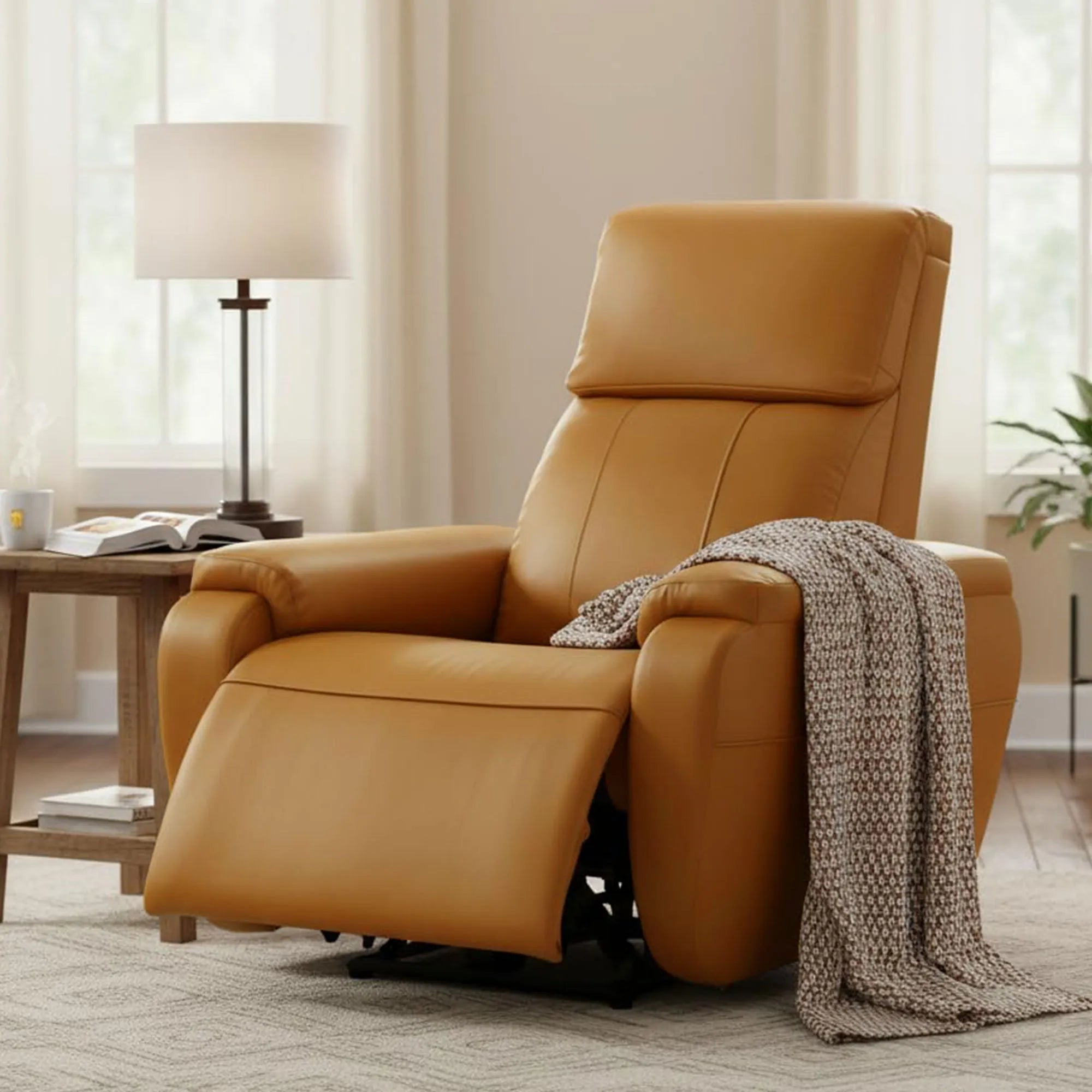 Hush Hiven Zeus tan motorized recliner chair in modern living room with leatherette upholstery and extended footrest